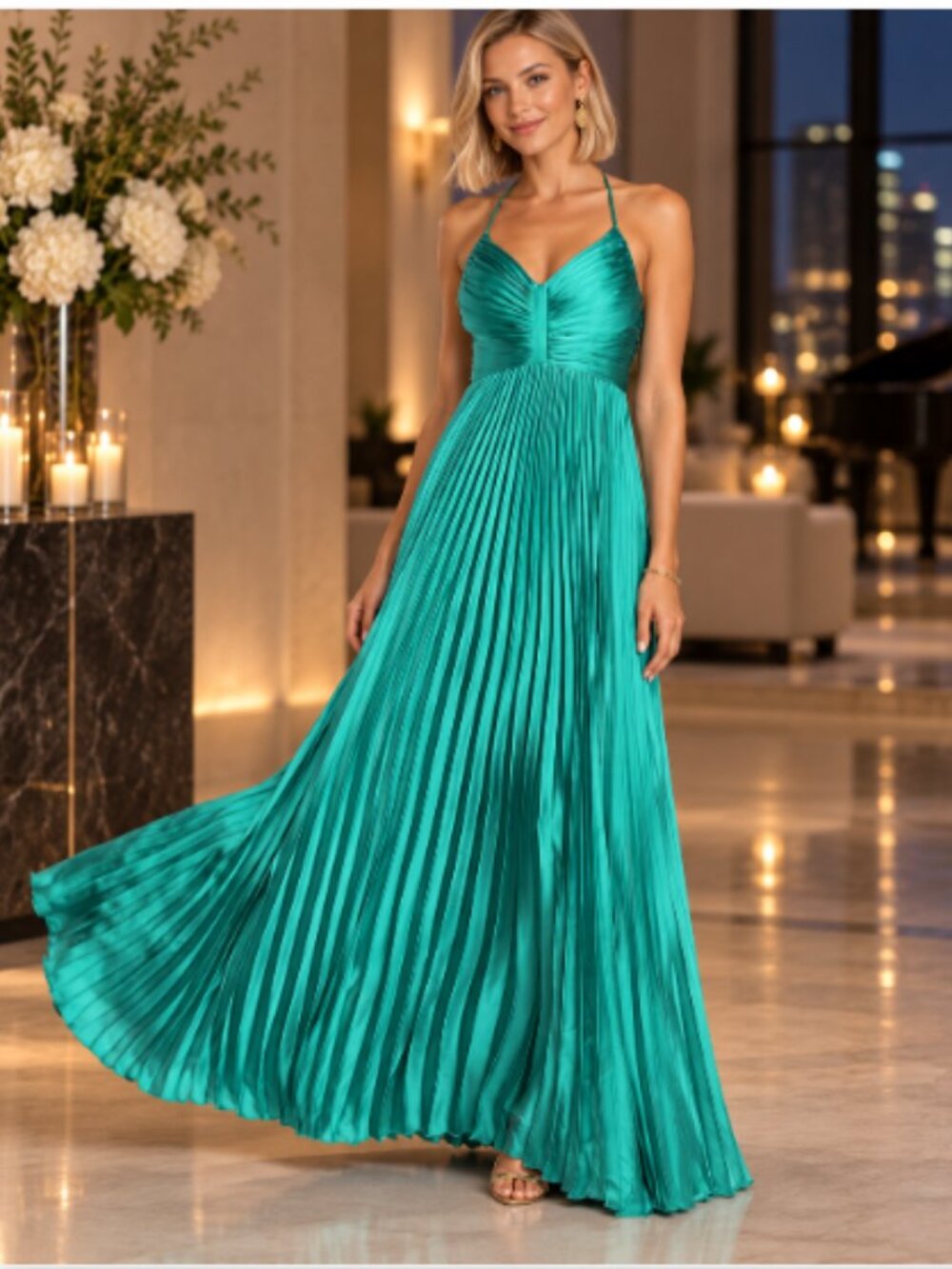 Lulus Dreaming in Color Green V-Neck Pleated Satin Maxi Dress